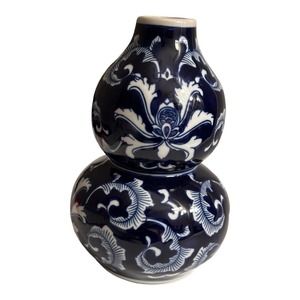 Chinese Porcelain Glaze Double Gourd Cobalt Blue White Floral Leaves Vase 9”